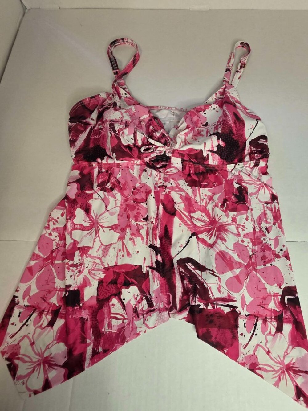 Women's Pink White Floral Asymmetric Hem Swim Top Tie Back XL